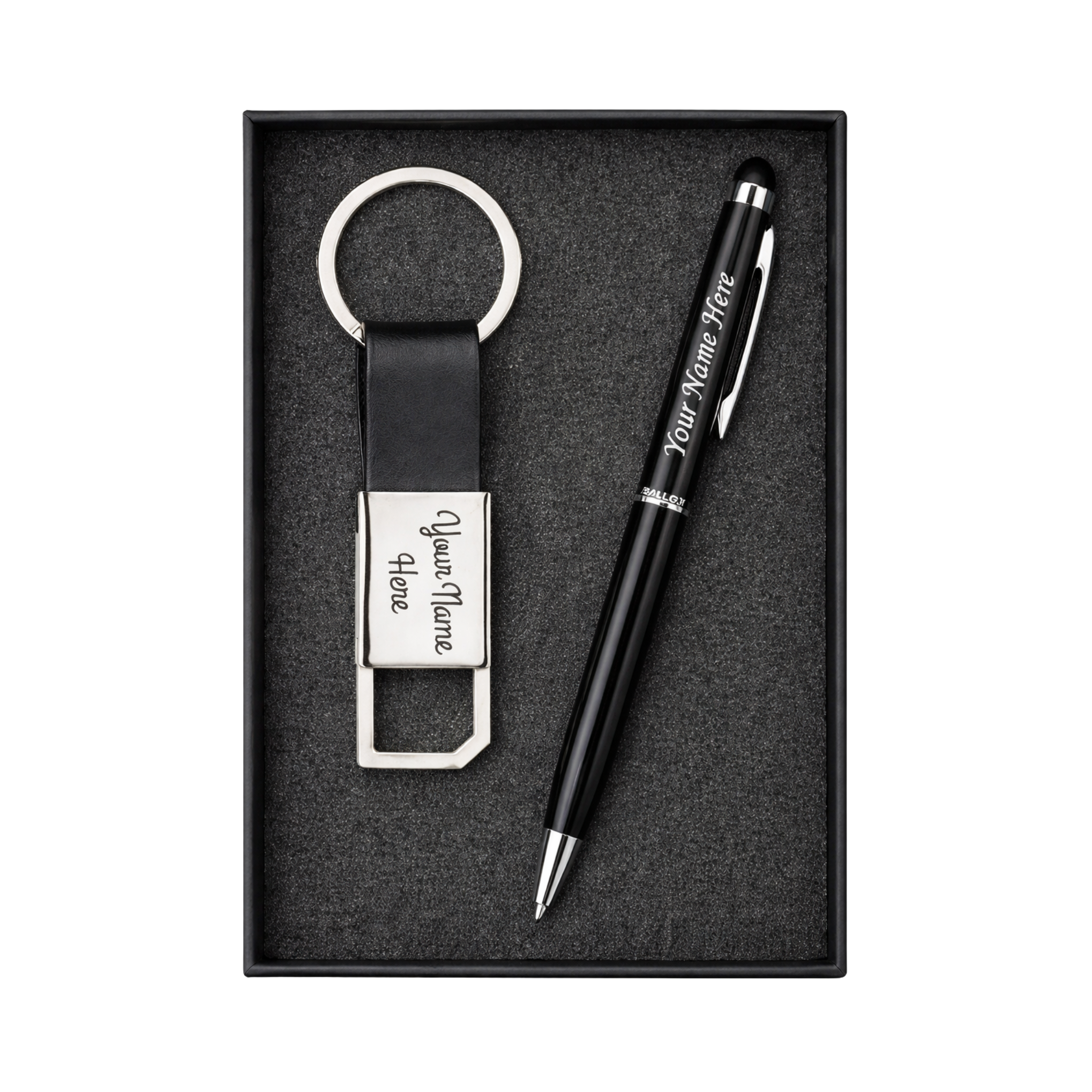 Combo Gift Set Black Leather Strap Metal 600 Keychain Personalized Pen Ballpoint Black Metal Body offistoreindia
