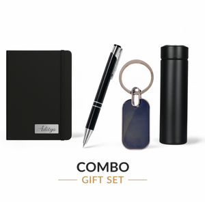 Combo Gift Set Double Wall Vacuum Flask Rectangle Metal Keychain Black Metal Pen A5 Italian PU Diary offistoreindia