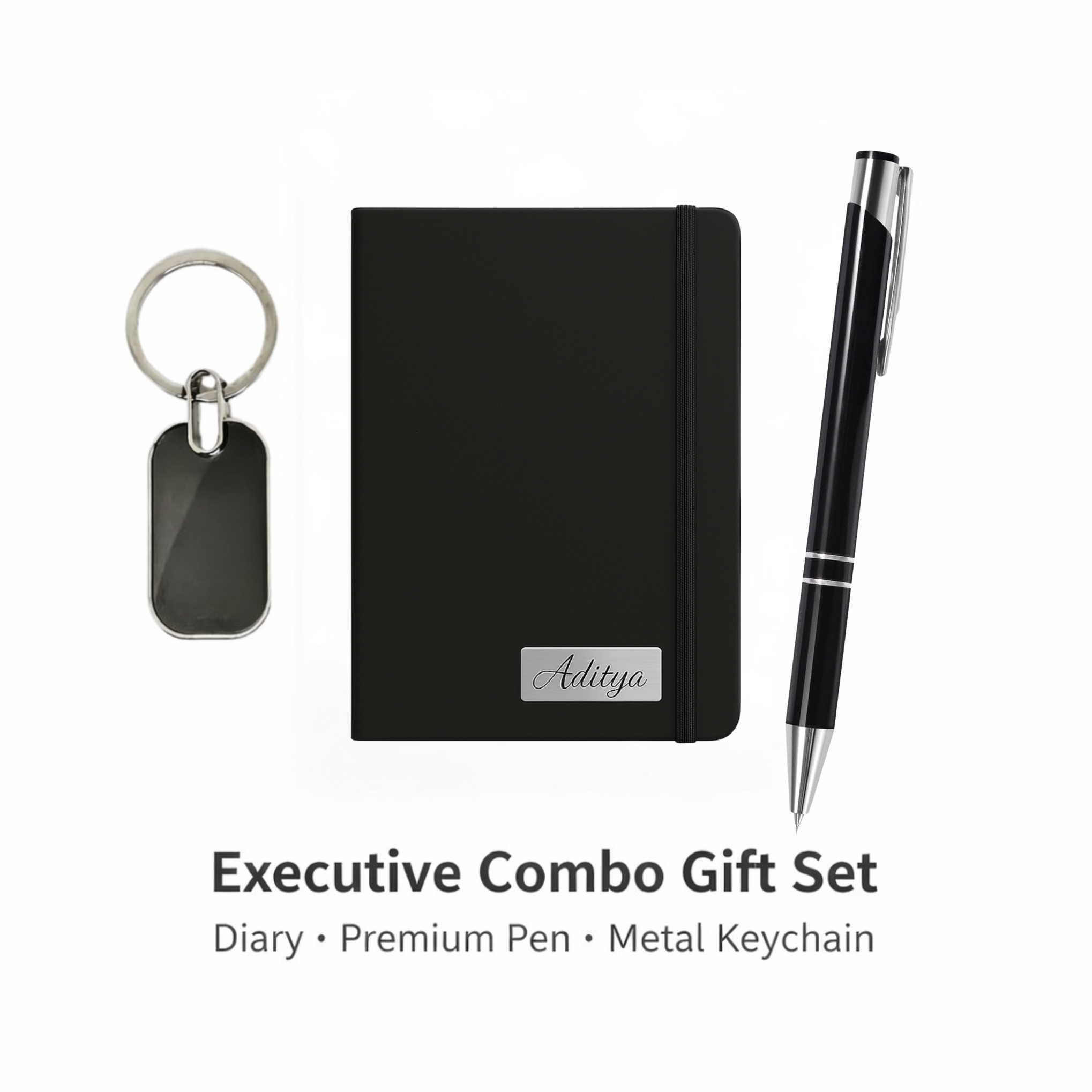 Combo Gift Set Engraved Metal Pen Rectangle Keychain A5 Black Corporate Diary offistoreindia