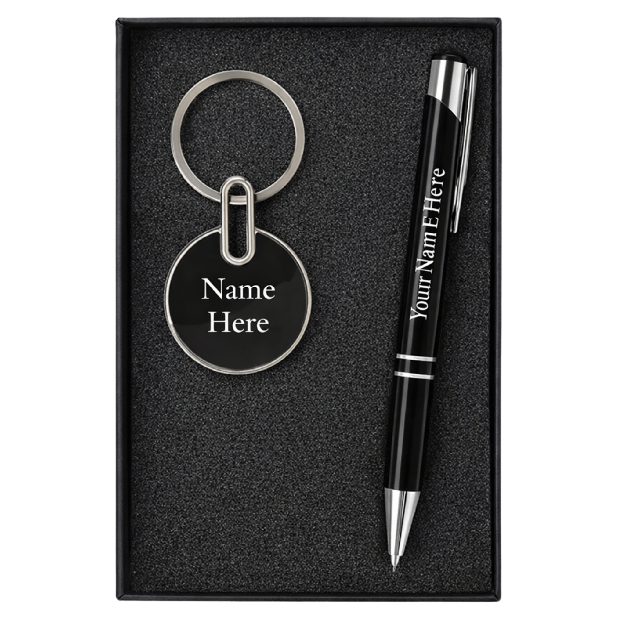 Combo Gift Set Glossy Black Finished Round Keychain with Opener Personalized Black Metal Ballpoint Pen offistoreindia