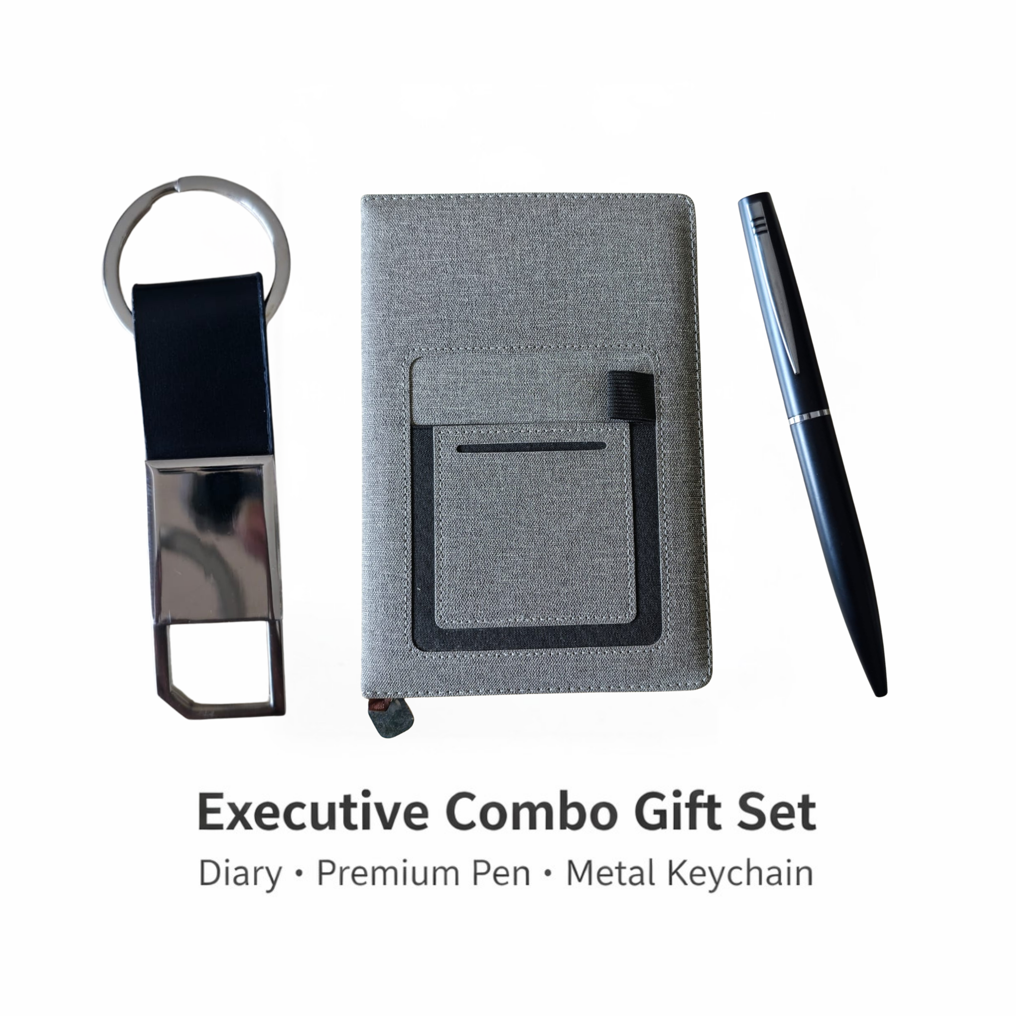 Combo Gift Set Metal 600 Keychain Premium A5 Jute Grey Diary with Card Pocket Custom Metal Ballpoint Pen offistoreindia