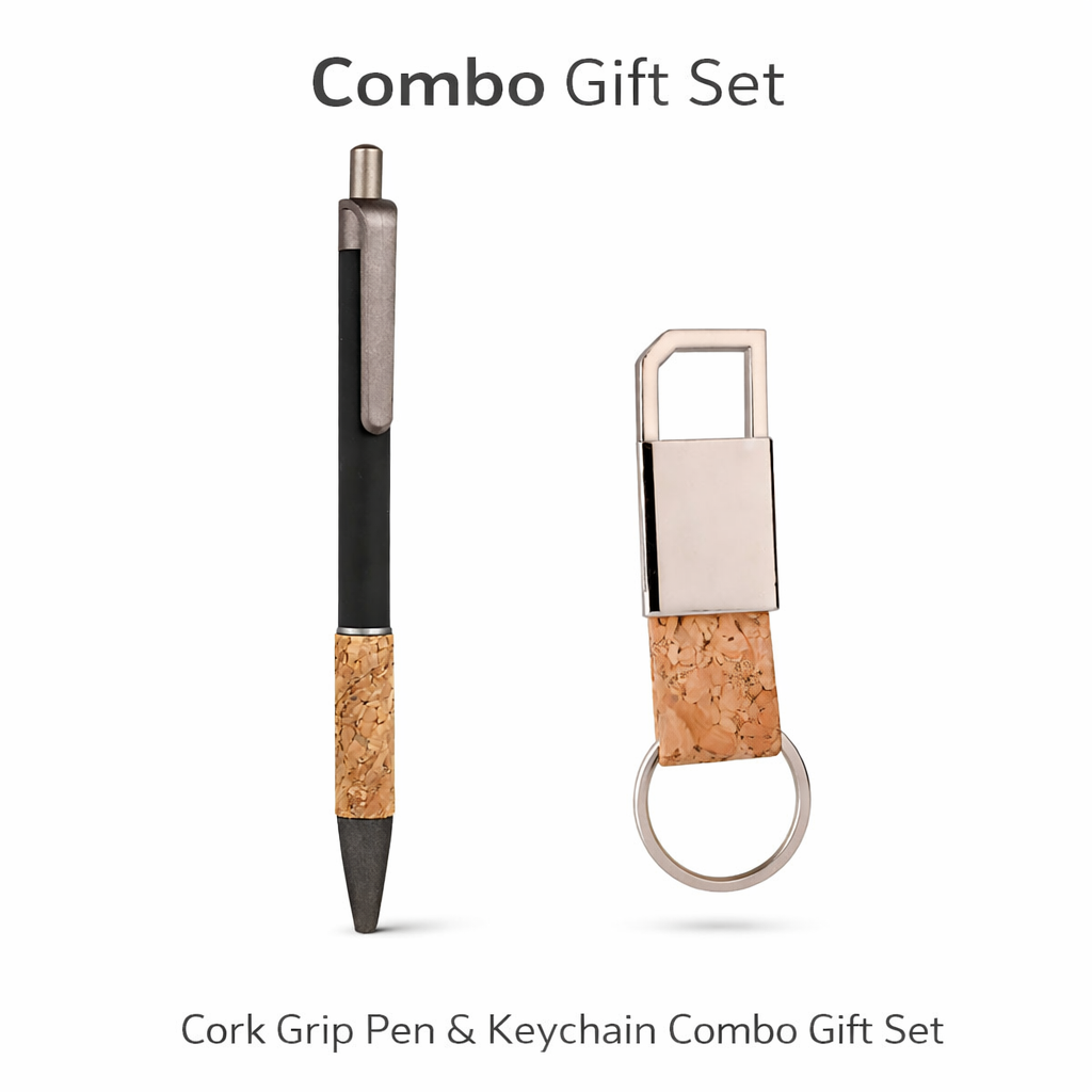 Combo Gift Set Mini Cork-Finished Strap Metal 600 Keychain Cork Grip Velvet Touch Pen offistoreindia