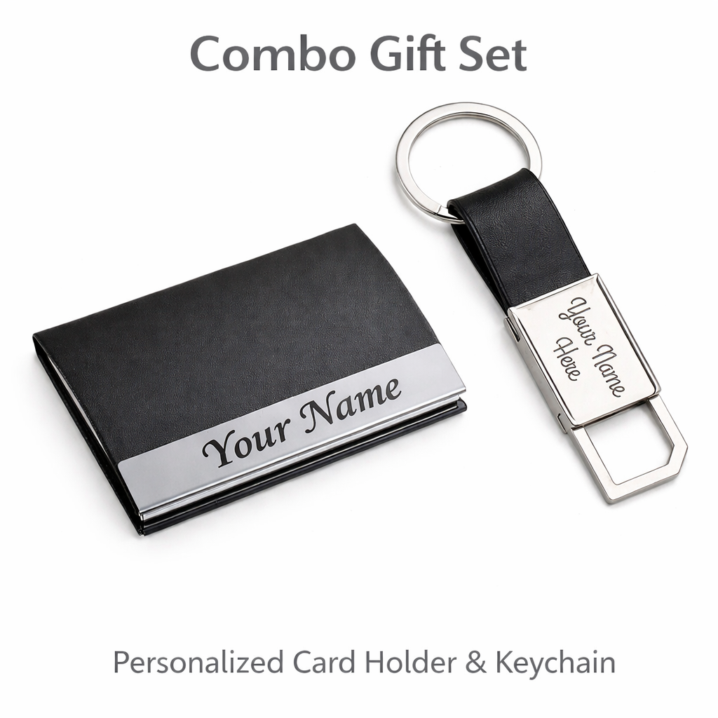 Combo Gift Set Visiting Card Holder Black Leather Strap Metal 600 Keychain offistoreindia