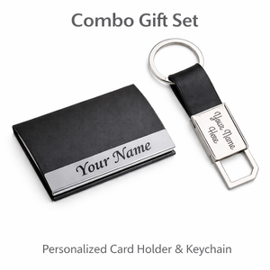 Combo Gift Set Visiting Card Holder Black Leather Strap Metal 600 Keychain offistoreindia