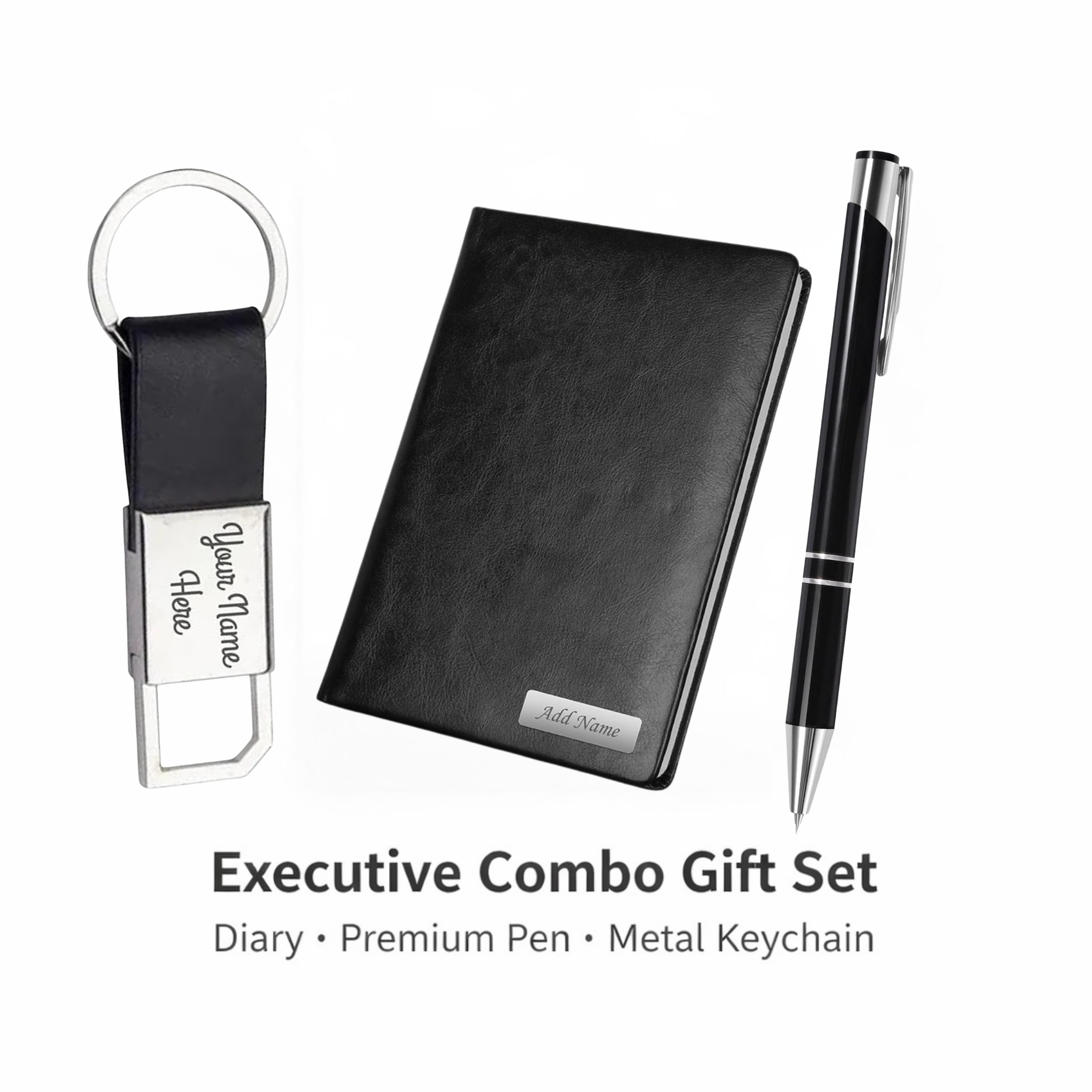 Combo Gift Set – Leather Strap Metal Keychain Custom Name Diary Engraved Metal Pen offistoreindia