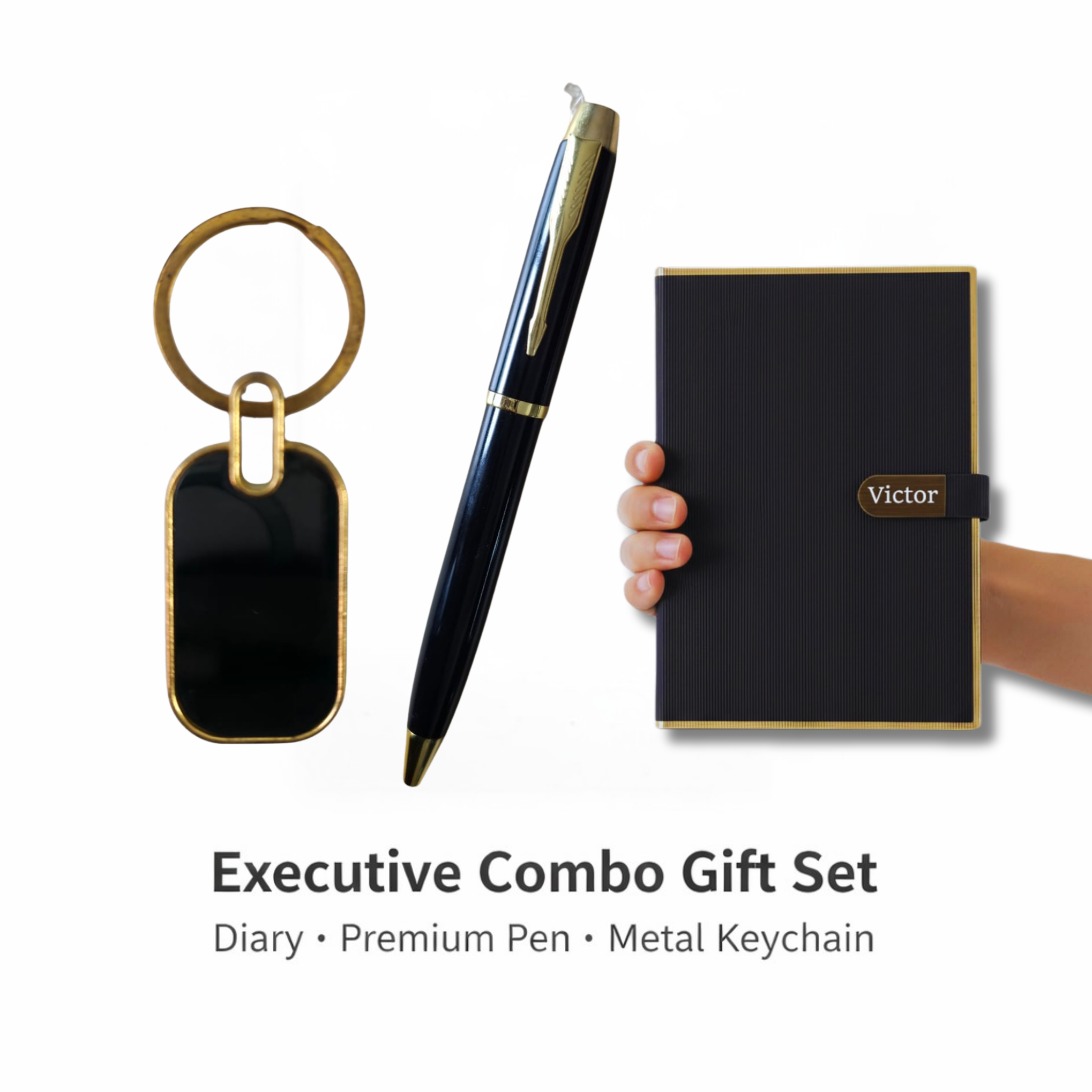 Combo Gift Set – Metal Keychain Black Metal Pen A5 PU Leather Executive Planner offistoreindia