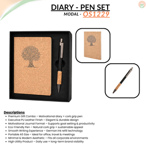 Combo Gift Set A5 PU Leather Diary with Cork Grip Velvet Touch Pen