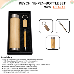 Combo Gift Set – Bamboo Water Bottle Wooden Metal Keychain Bamboo Engraved Pen
