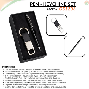 Combo Gift Set Black Leather Strap Metal 600 Keychain Personalized Pen Ballpoint Black Metal Body offistoreindia