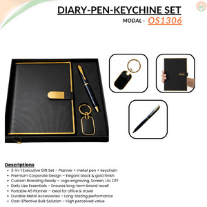 Combo Gift Set – Metal Keychain Black Metal Pen A5 PU Leather Executive Planner