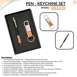 Combo Gift Set Mini Cork-Finished Strap Metal 600 Keychain Cork Grip Velvet Touch Pen offistoreindia