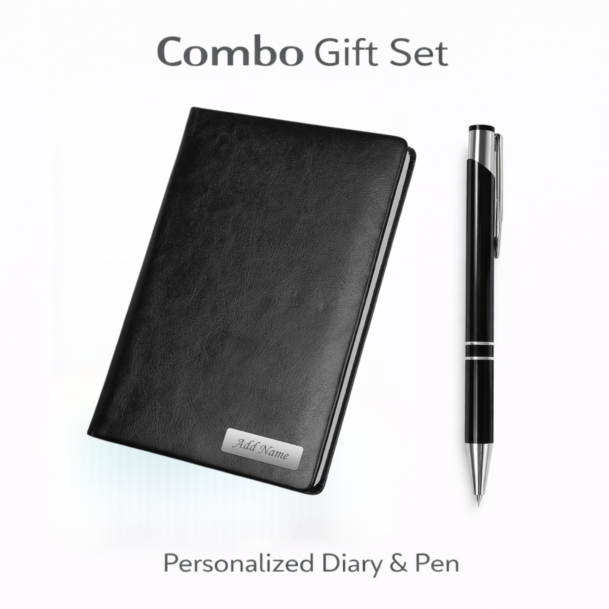 Corporate Gift Set Personalized Premium Leatherette Diary with Name Personalized Black Metal Ballpoint Pen offistoreindia