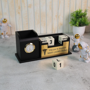 Deskart Doctor Pen Stand – Personalized Wooden Desk Organizer with Clock Perpetual Calendar offistoreindia