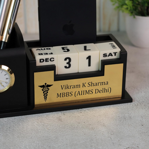 Deskart Doctor Pen Stand – Personalized Wooden Desk Organizer with Clock Perpetual Calendar offistoreindia