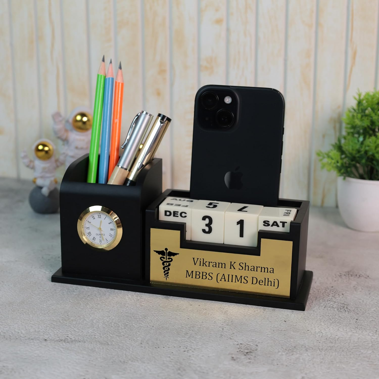 Deskart Doctor Pen Stand – Personalized Wooden Desk Organizer with Clock Perpetual Calendar offistoreindia