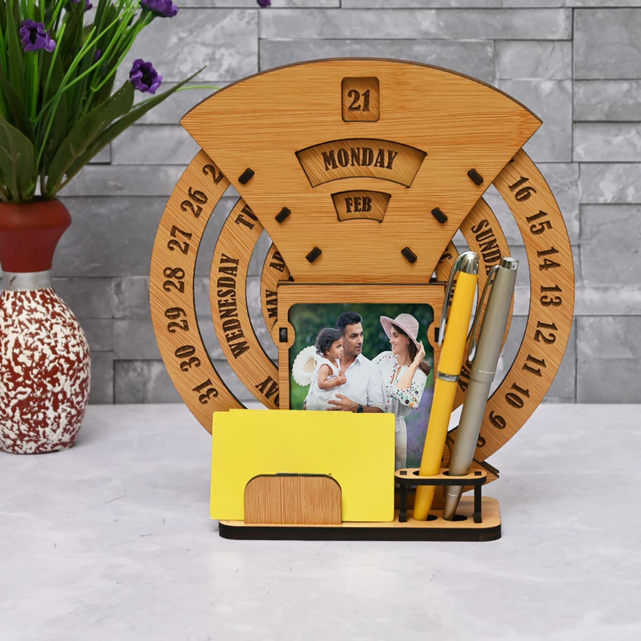 Lifetime Desk Calendar with Desk Organizer Photo Frame – Reusable Wooden Perpetual Tabletop Calendar
