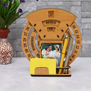 Lifetime Desk Calendar with Desk Organizer Photo Frame – Reusable Wooden Perpetual Tabletop Calendar