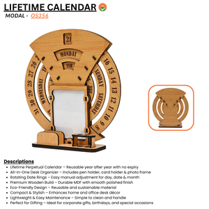 Lifetime Desk Calendar with Desk Organizer Photo Frame – Reusable Wooden Perpetual Tabletop Calendar