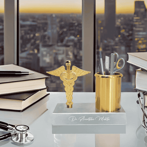 Personalized Doctor Symbol Pen Stand – Golden Caduceus Desk Organizer offistoreindia