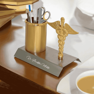 Personalized Doctor Symbol Pen Stand – Golden Caduceus Desk Organizer offistoreindia
