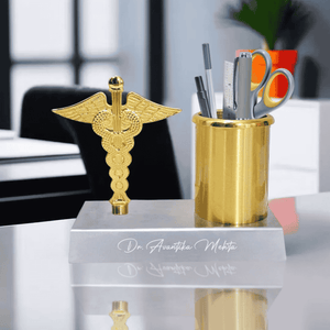 Personalized Doctor Symbol Pen Stand – Golden Caduceus Desk Organizer offistoreindia