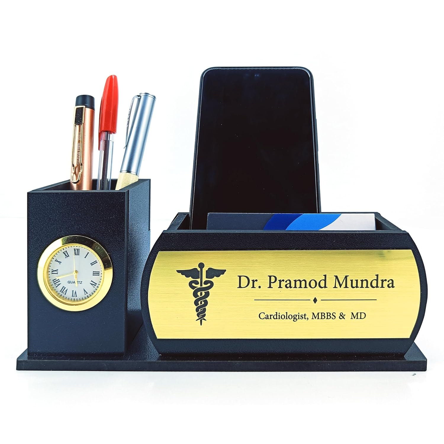 Professional Wooden Desk Organiser with Clock Name Plate – 2 Compartments