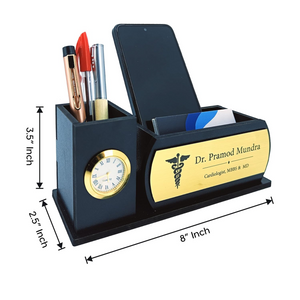 Professional Wooden Desk Organiser with Clock Name Plate – 2 Compartments offistoreindia