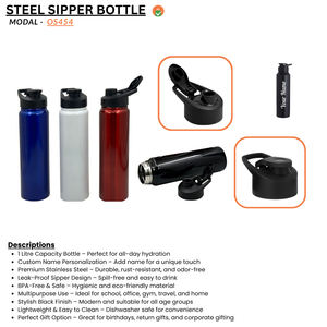 Stainless Steel Customized Sipper Water Bottle 1 Litre – Black (1000ml) offistoreindia