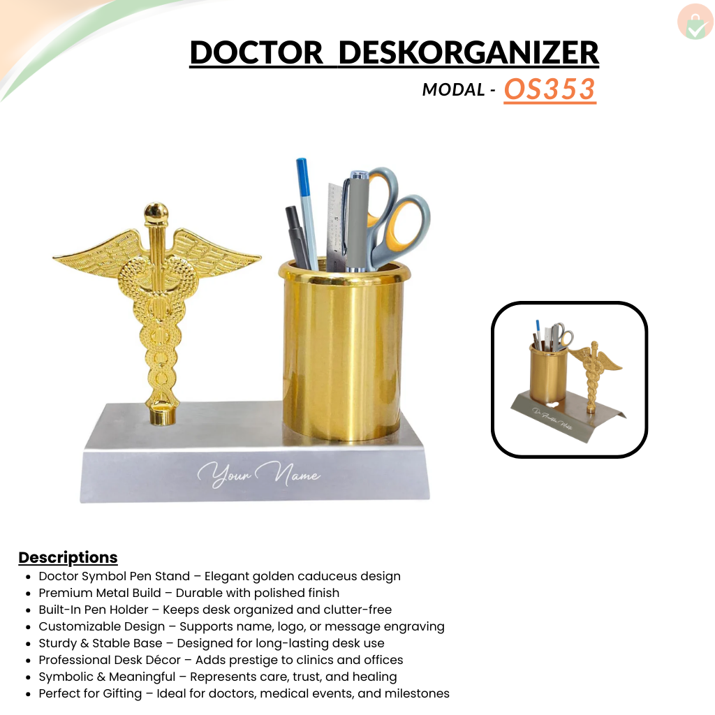 Personalized Doctor Symbol Pen Stand – Golden Caduceus Desk Organizer