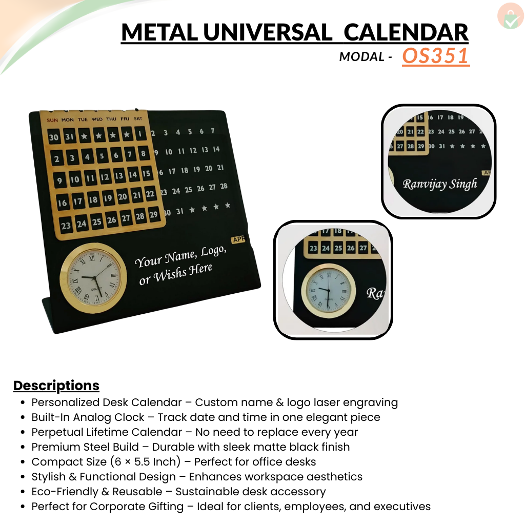 Personalized Steel Infinity Desk Calendar with Clock – Lifetime Perpetual Calendar