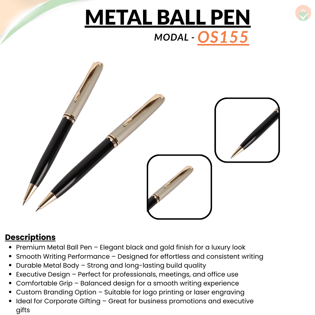 Shine Black Body Roller Ball Pen – Satin Gray Cap with Golden Arrow Clip