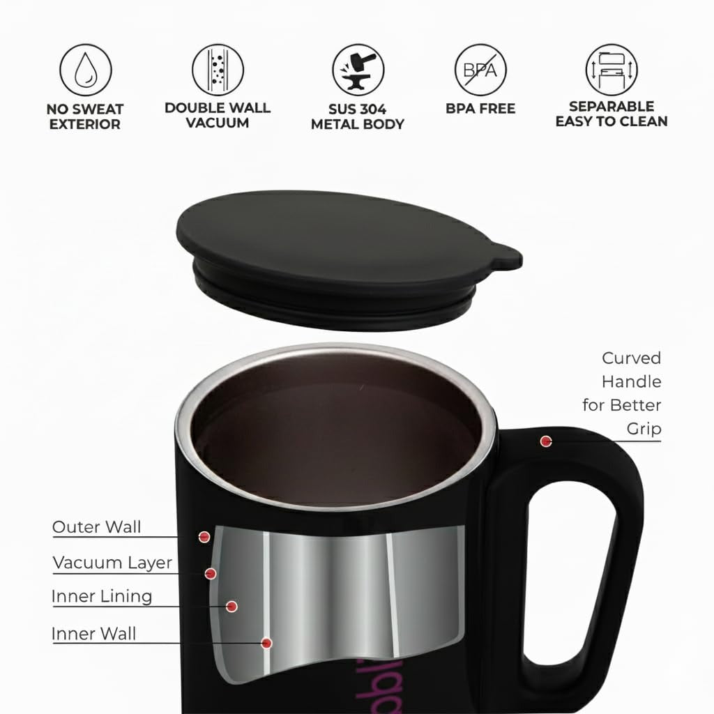 270 ml Stylish Black Sober Mug with Airtight Lid offistoreindia