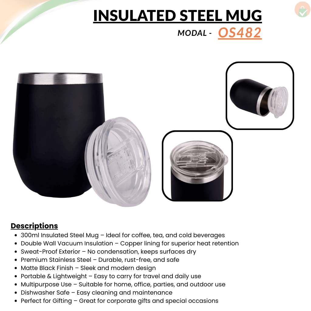 300ml Black Matte Finished Stainless Steel Mug with Lid offistoreindia