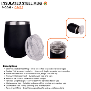 300ml Black Matte Finished Stainless Steel Mug with Lid
