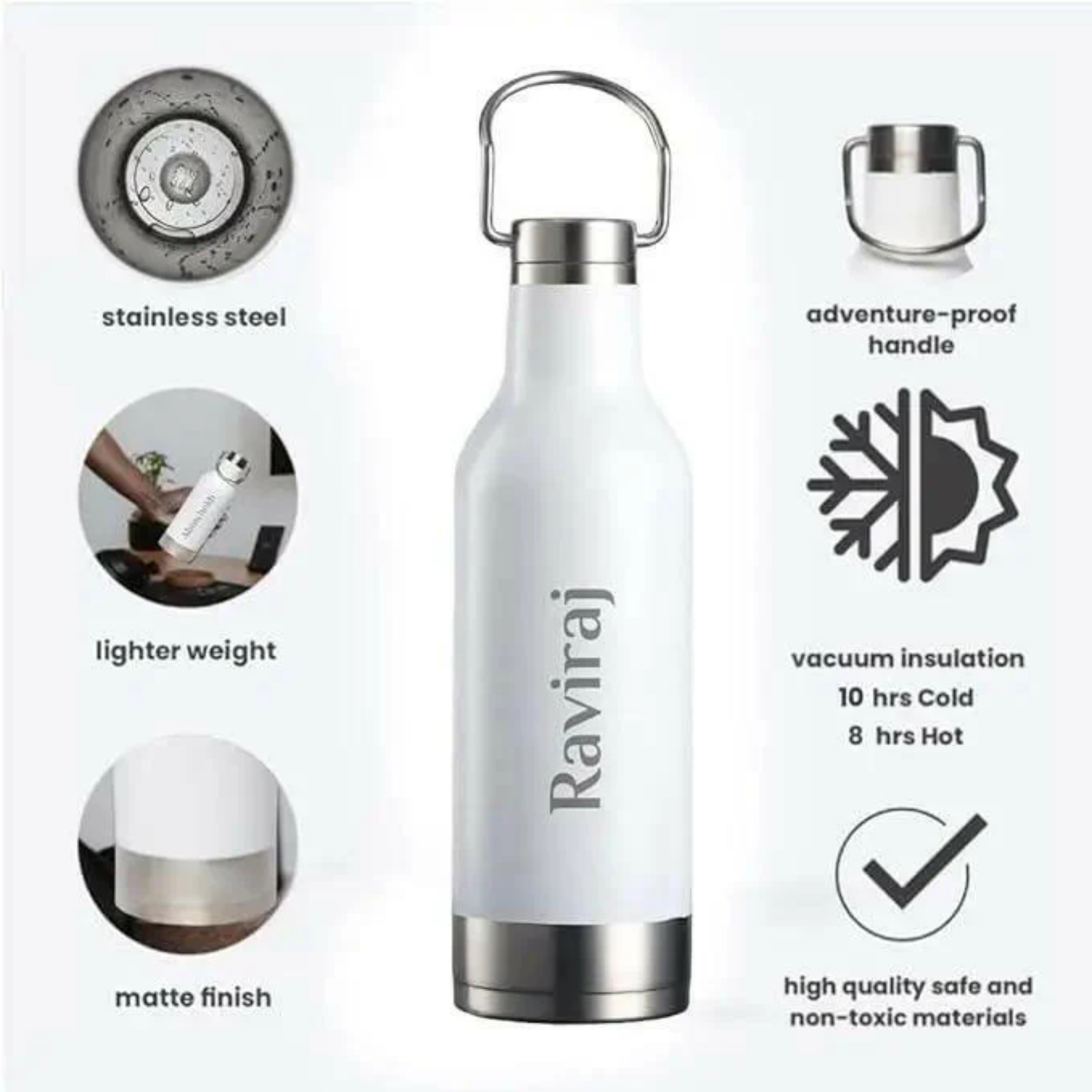 500ml White Stainless Steel Vacuum Bottle with Steel Handle – Double Wall Insulated Water Bottle offistoreindia