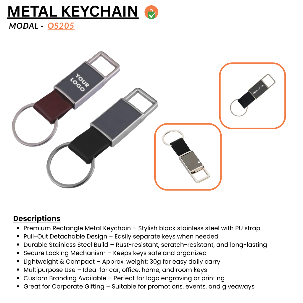 Black Stainless Steel Pull Out Rectangle Metal PU Keychain offistoreindia