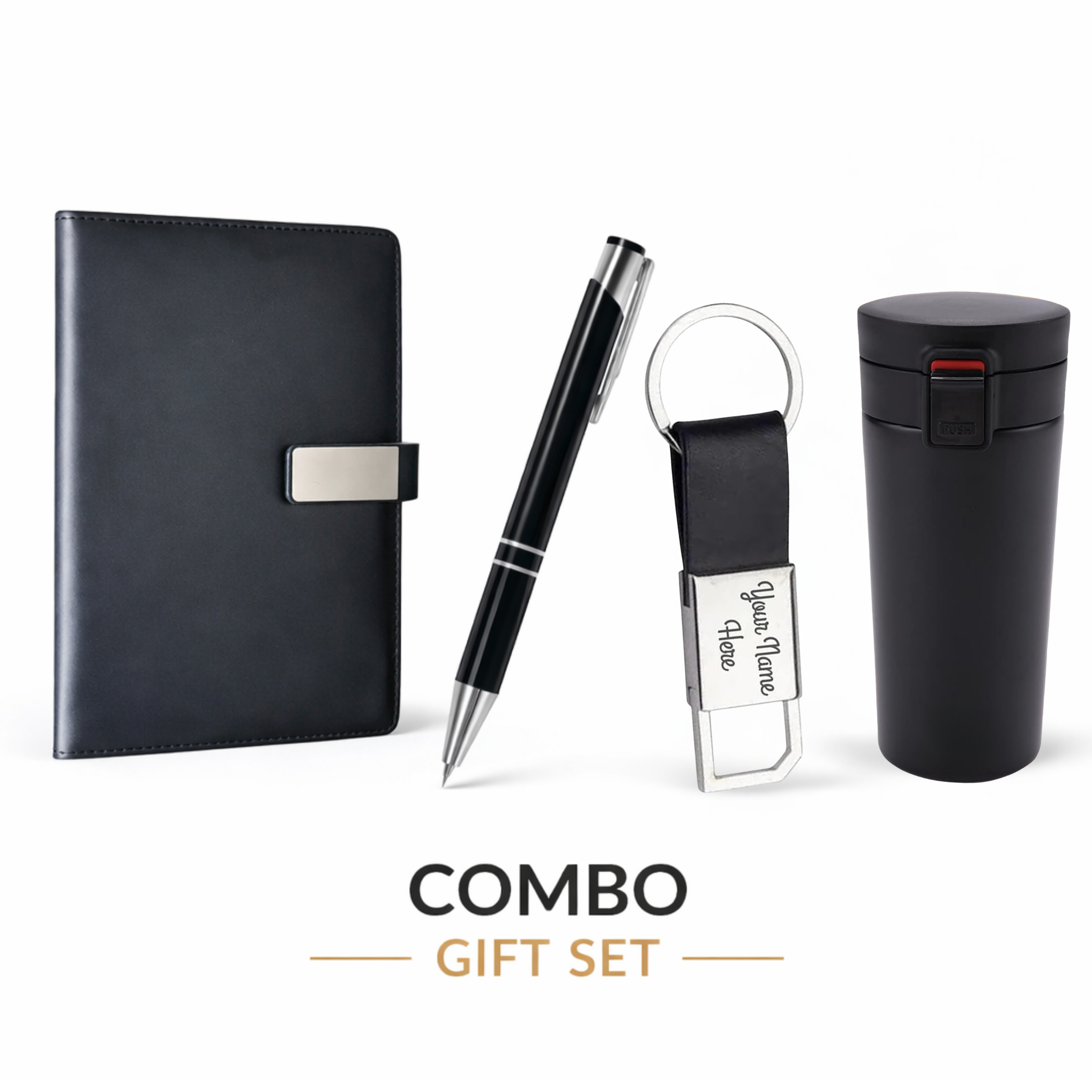 Combo Gift Set 380ml Insulated Coffee Cup Tumbler Keychain Metal Pen A5 Leather Diary offistoreindia
