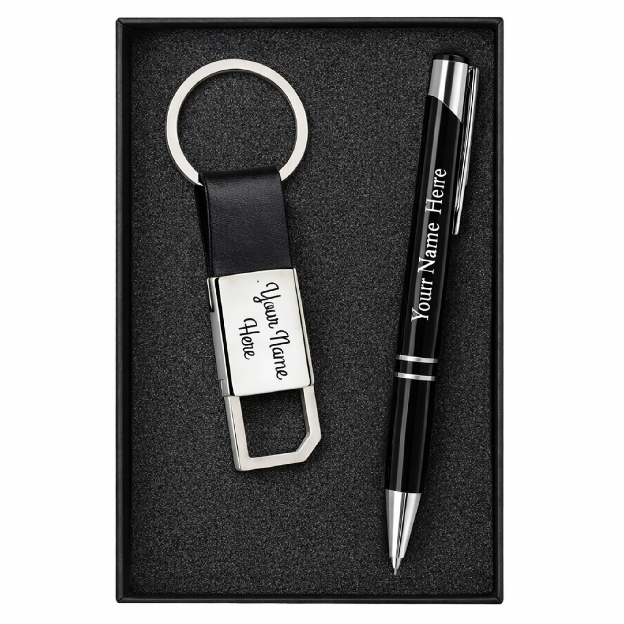Combo Gift Set Black Leather Strap Metal 600 Keychain Personalized Black Metal Ballpoint Pen offistoreindia