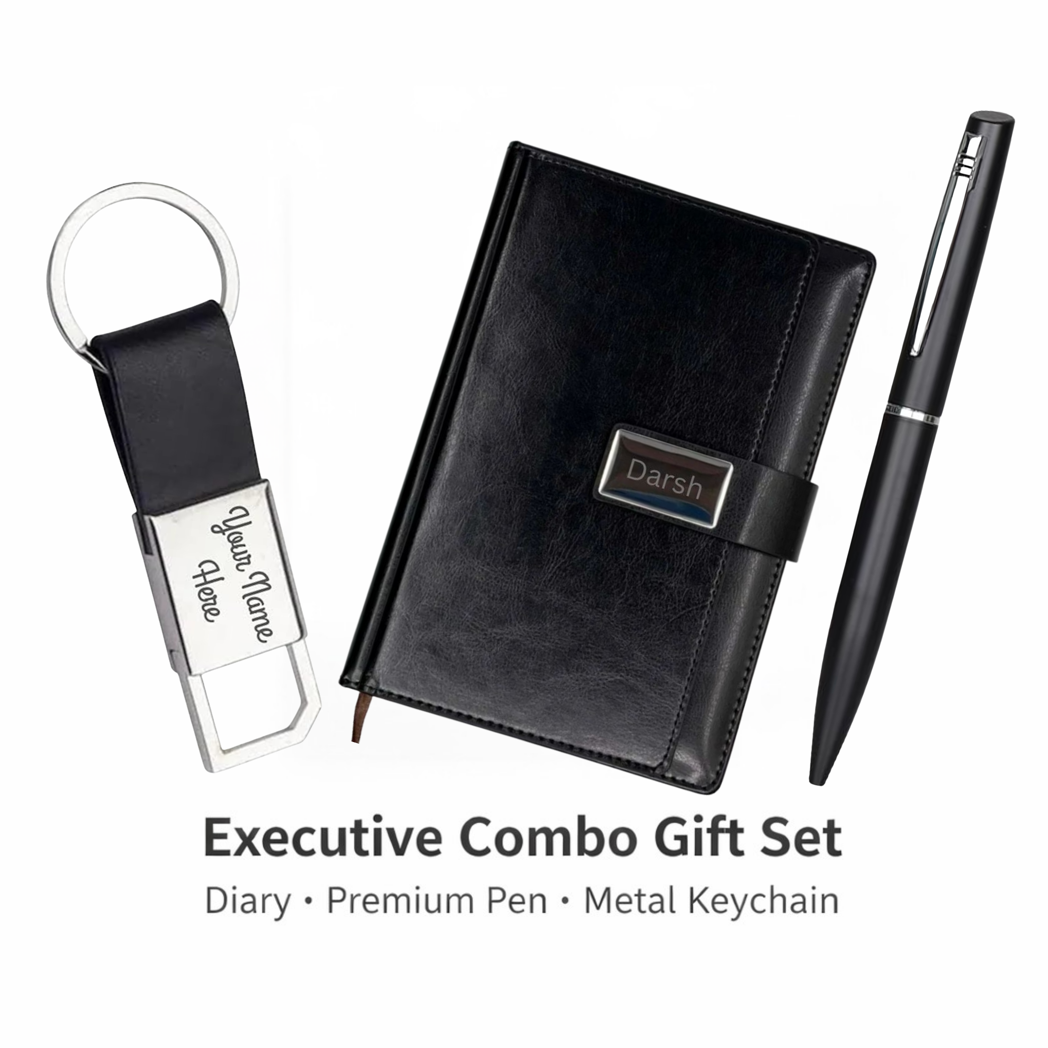 Combo Gift Set Black Leather Strap Metal Keychain Custom Metal Ballpoint Pen A5 Leather Flap Journal Diary offistoreindia