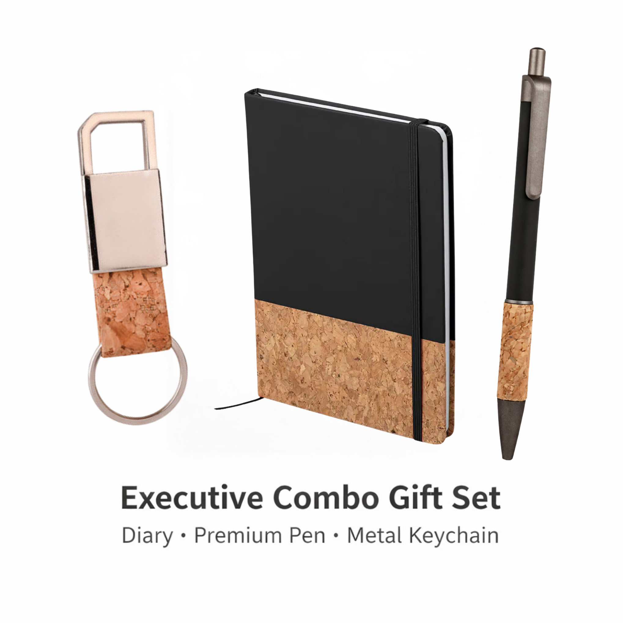 Combo Gift Set Cork Notebook Diary Cork Grip Velvet Touch Pen Mini Cork Strap Metal Keychain offistoreindia