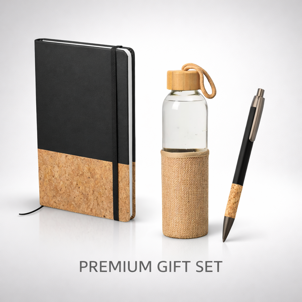 Combo Gift Set Glass Water Bottle with Bamboo Cap Eco Cork Notebook Diary Cork Grip Velvet Touch Pen offistoreindia