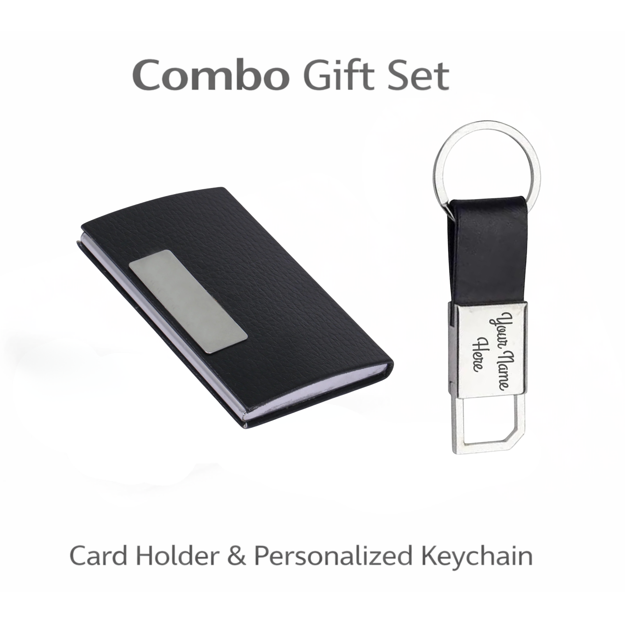 Combo Gift Set Leather Card Holder  Black Leather Strap Metal 600 Keychain offistoreindia