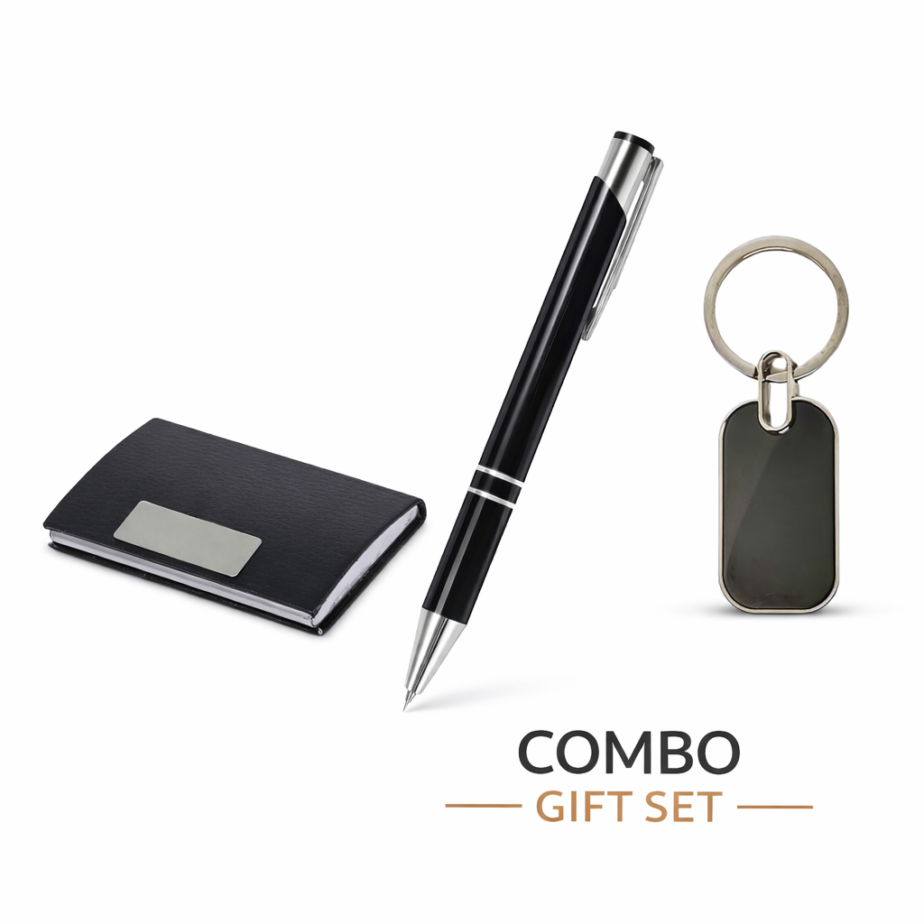 Combo Gift Set Leather Card Holder Engraved Metal Keychain Metal Ballpoint Pen offistoreindia