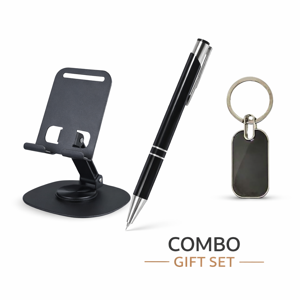 Combo Gift Set Mobile Stand, Engraved Metal Keychain Custom Name Metal Pen offistoreindia