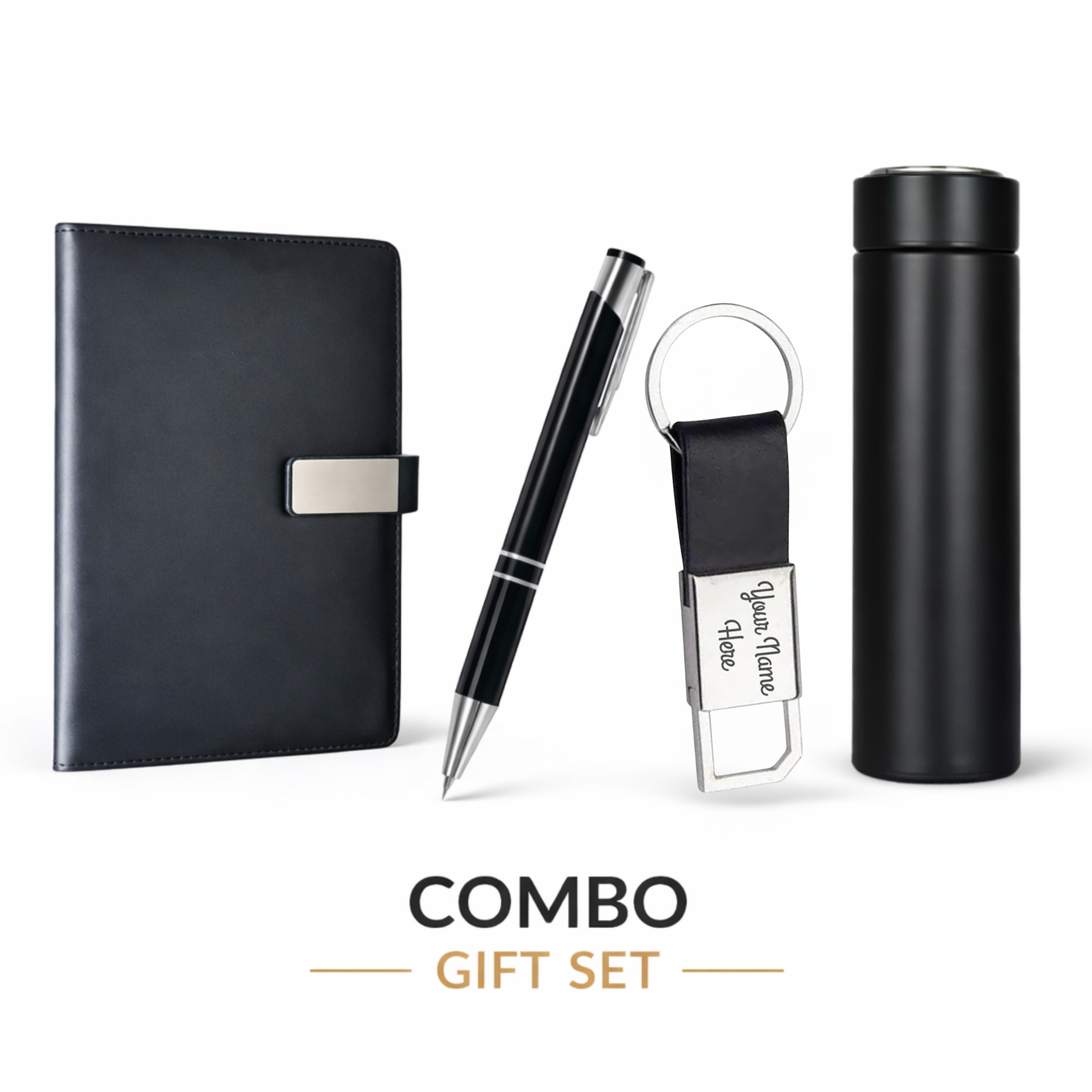 Combo Gift Set Vacuum Flask Leather Keychain Engraved Pen Custom Name Diary offistoreindia
