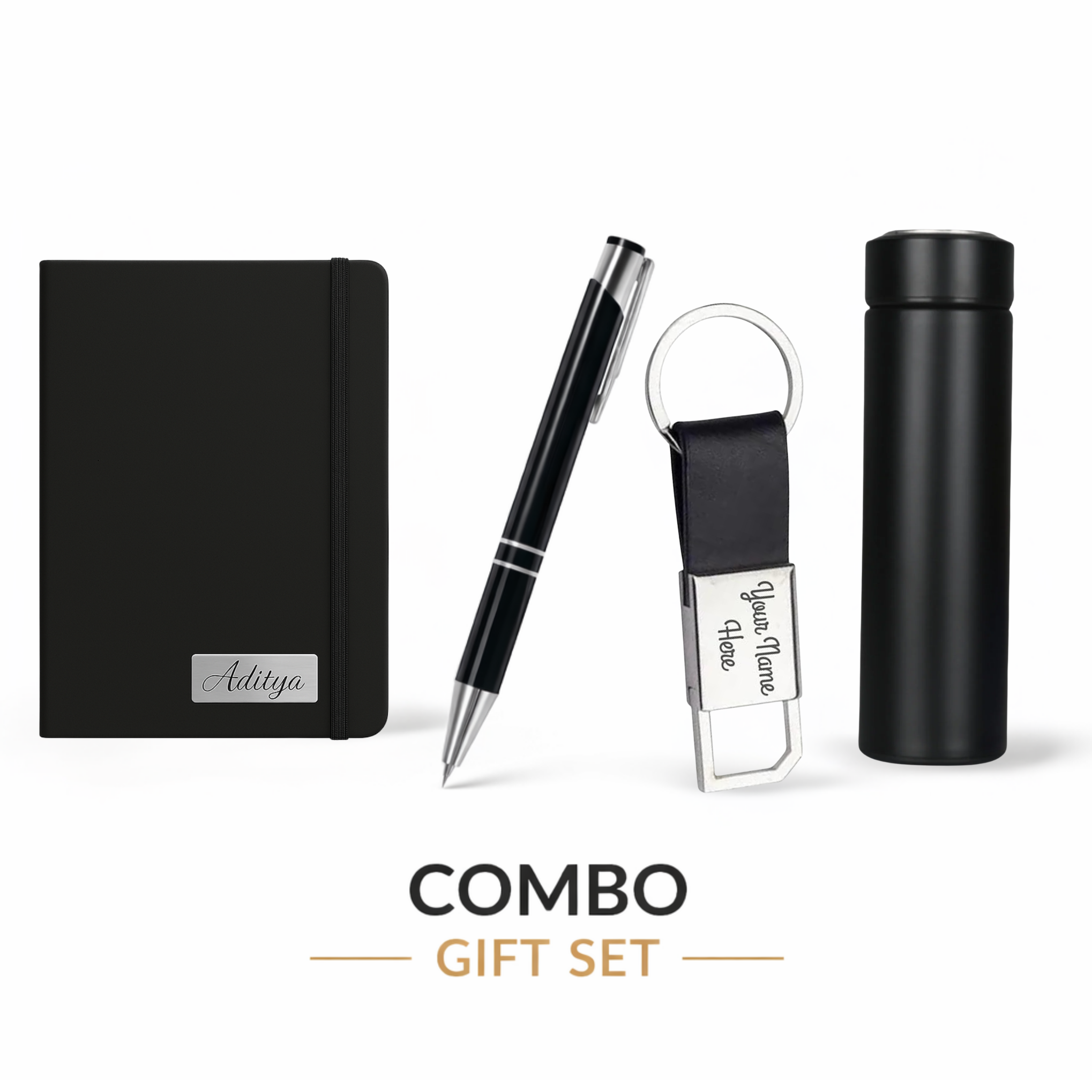 Combo Gift Set Vacuum Flask Leather Strap Keychain Metal Pen A5 Italian PU Diary offistoreindia