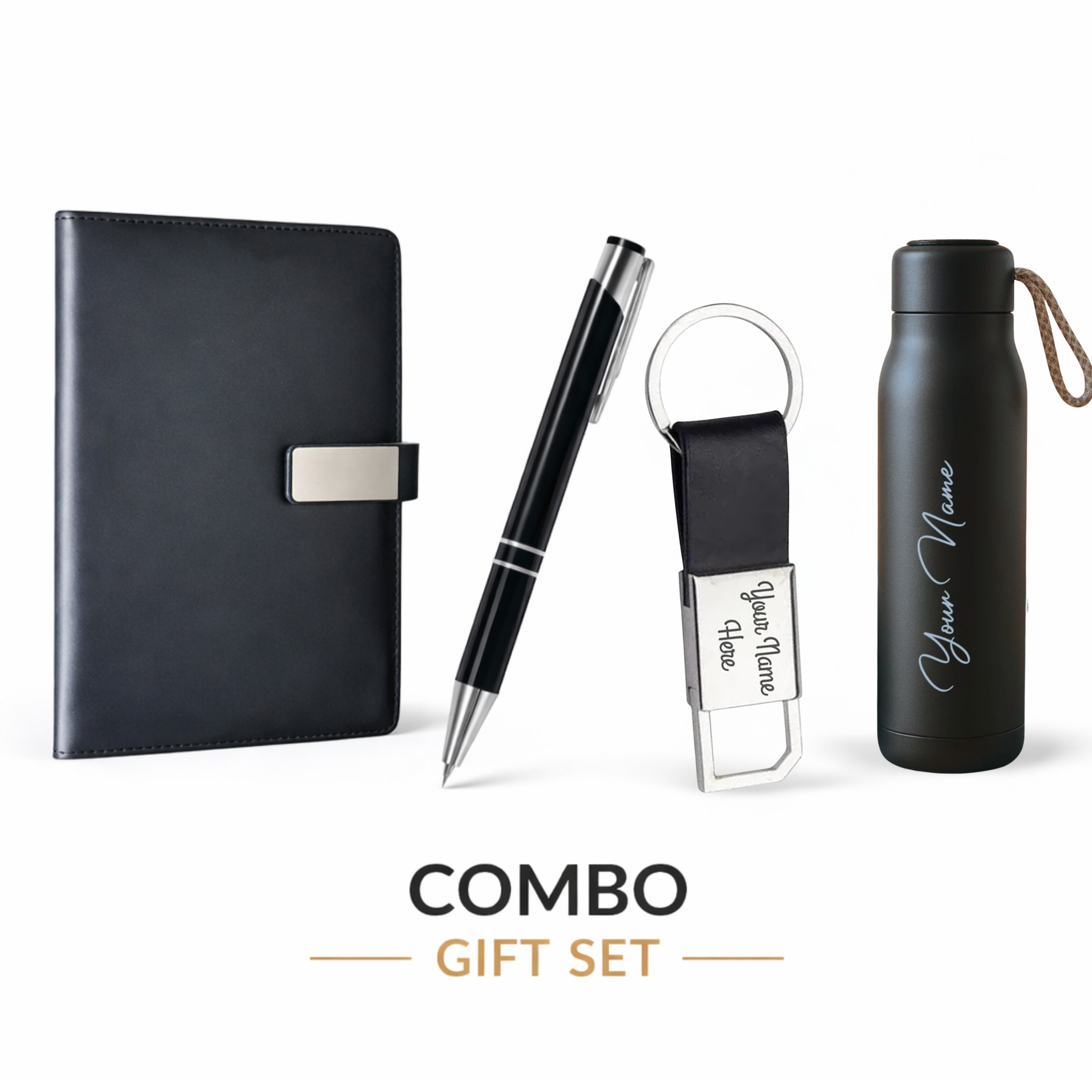Combo Gift Set Water Bottle Keychain Metal Pen Custom Name A5 Leather Diary offistoreindia