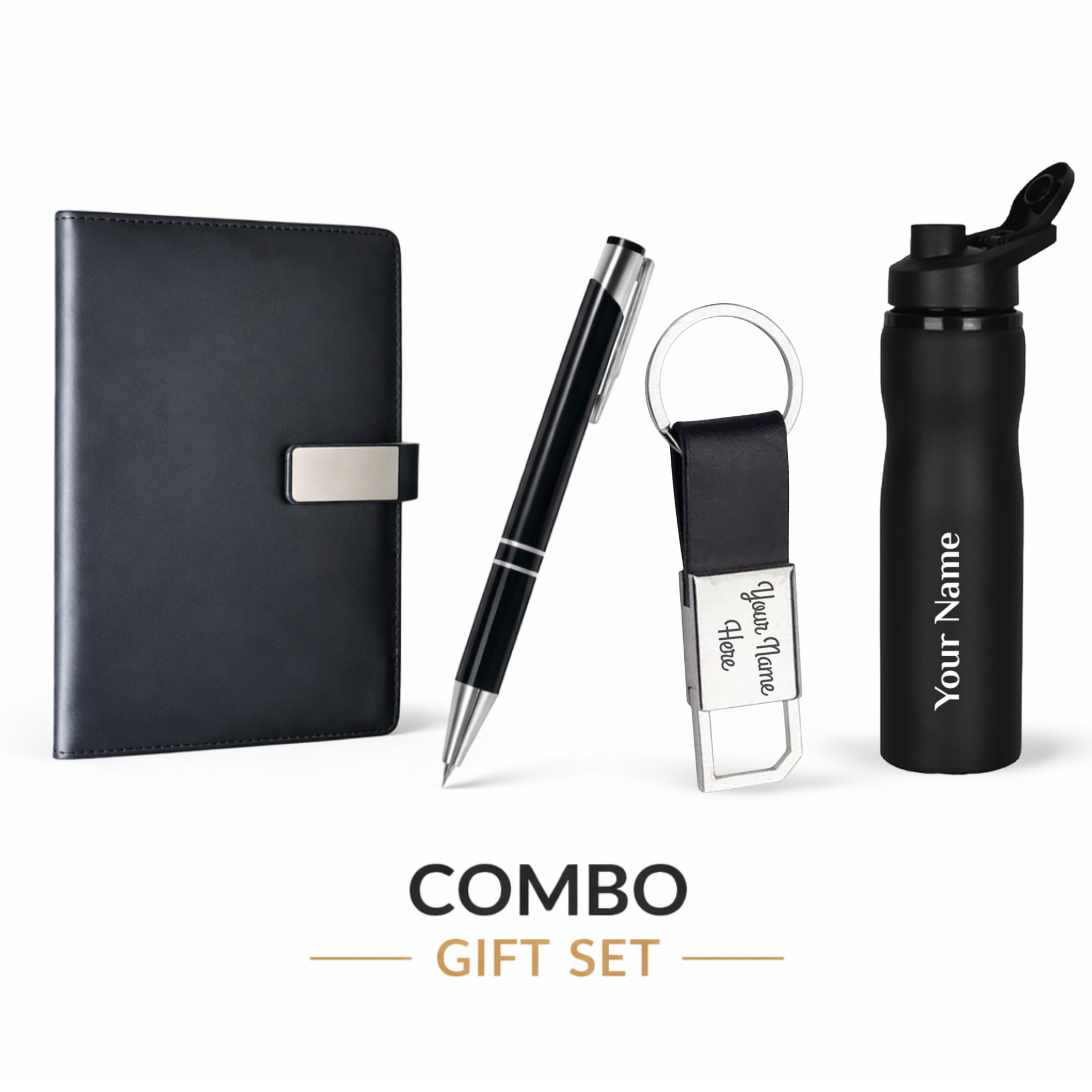 Combo Gift Set Water Bottle Leather Keychain Metal Pen Custom Name A5 Diary offistoreindia