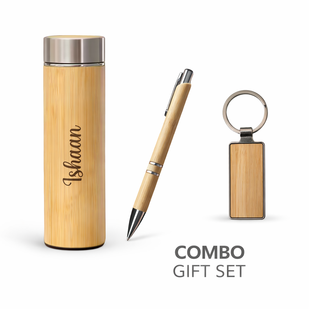 Combo Gift Set – Bamboo Water Bottle Wooden Metal Keychain Bamboo Engraved Pen offistoreindia