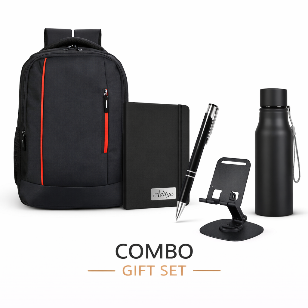 Combo Set Mobile Stand 750ml Aluminium Bottle Metal Pen A5 PU Diary OS-Royal Backpack offistoreindia